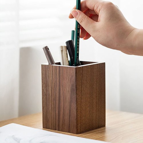Sokelinn-six Wood Pen Holder for Desk, Natural Black Walnut Handwork Organizer Stand for Pencils Make up Brushes Stationery Office School Desktop Decor Use (Square)