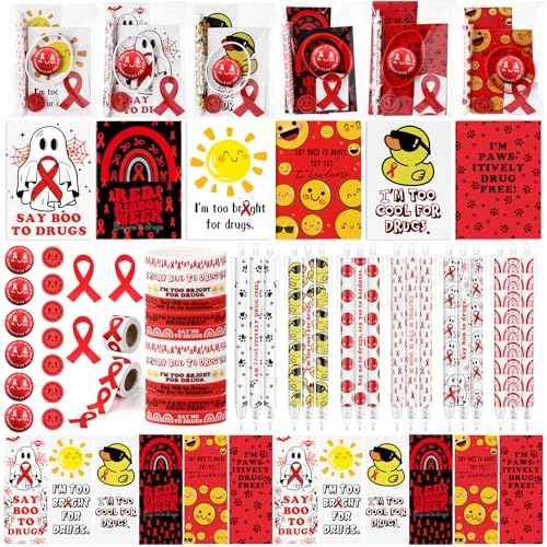 Epakh 788 Pcs/48 Sets Red Ribbon Week Awareness Supplies for Student Teacher Say No to Drugs Mechanical Pencil Notepad Bookmark Eraser Bracelets Sticker Bouncy Ball for School Educational Charity