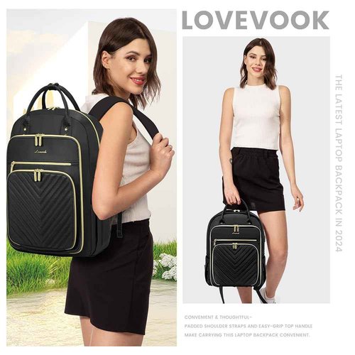 LOVEVOOK Laptop Backpack for Women, Water Resistant Travel Work Backpacks Purse Stylish Business Teacher Nurse Computer Bag with USB Charging Port,Black