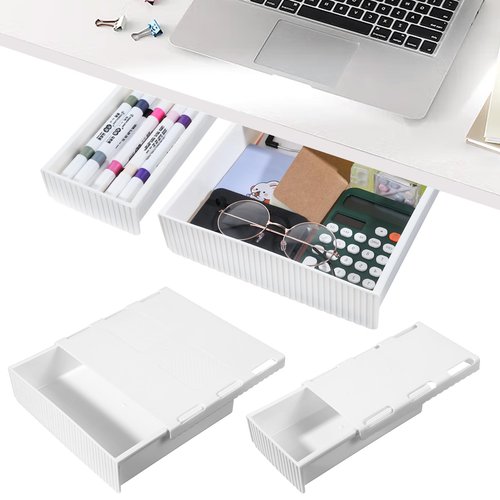 Prasacco 2 Pcs Under Desk Drawer Slide Out Under Desk Storage Drawers Organizer Hidden Adhesive Drawers for Cabinets Table Shelf Drawer Attachment for Office/Home/Classroom, White