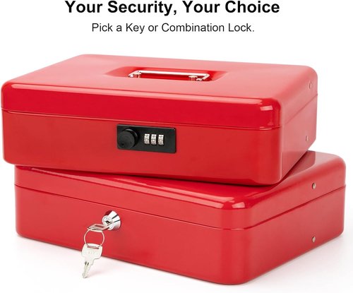 Jssmst Cash Box - Secure Red Money Tray with Key Lock | Large 11.8'' x 9.5'' x 3.5'' Safe Drawer
