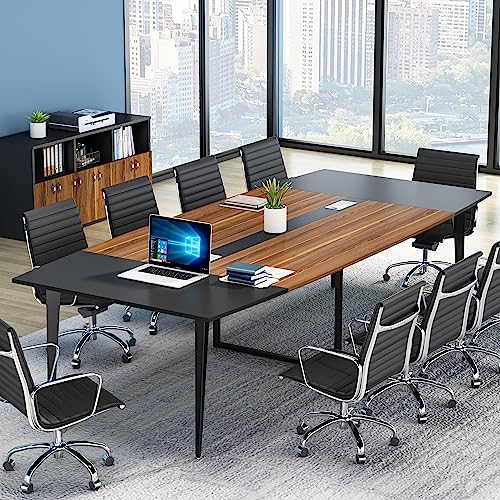 8ft Conference Table Walnut & Black Boat-Shaped Meeting Table with Grommet - Modern Office Furniture