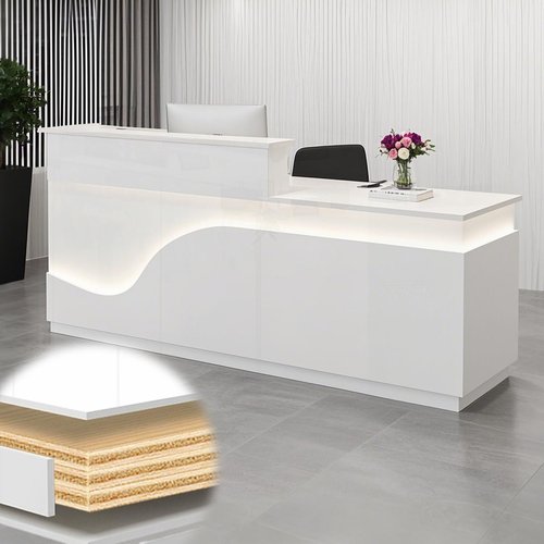 STLWR Modern Reception Desk with Locking Drawers, of Multi-Layer Solid Wood, Three-Color LED Light Strip & File Cabinet, Office Display Counters Retail Reception Desk (All White-Right, 70.9")