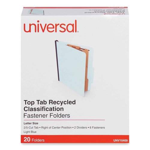 Universal Six-Section Classification Folders, Heavy-Duty Pressboard Cover, 2 Dividers, 6 Fasteners, Letter Size, Light Blue, 20/Box