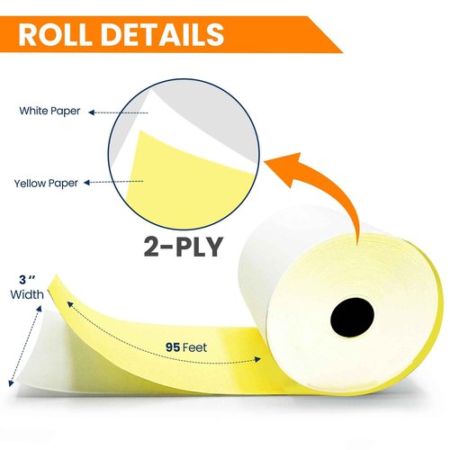 (32 Rolls) 2 Ply Kitchen Printer Paper White/Yellow Carbonless Rolls 3” x 95 Feet Receipt Rolls–Compatible with Star SP700 Printer Paper, SP2000 UP389 & Omni 480 220 250–Ribbons Required–Non Thermal