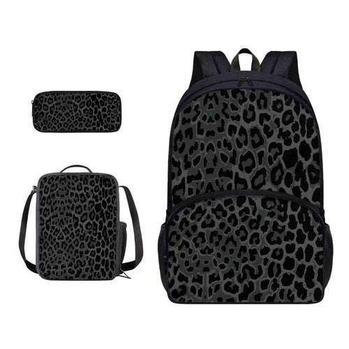 Suobstales Black Leopard Print Backpack for Kids Bookbag with Lunch Box Pencil Case Set Rucksack Satchel Laptop Bags 3 In 1 School Supplies for Boys Girls