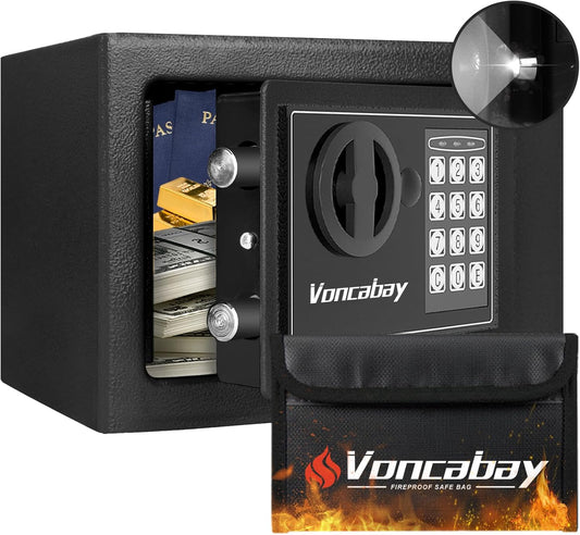 Voncabay Money Safe Box - Fireproof Security Safe with Sensor Light & Digital Keypad | 0.23 Cu Ft, Black
