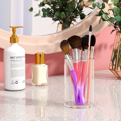 NIUBEE Clear Acrylic Pen Holder for Desk, Round Acrylic Pencil Cup Holder Makeup Brush Organizer, Desk Organizer for Office Desk Accessory - 4 Pack