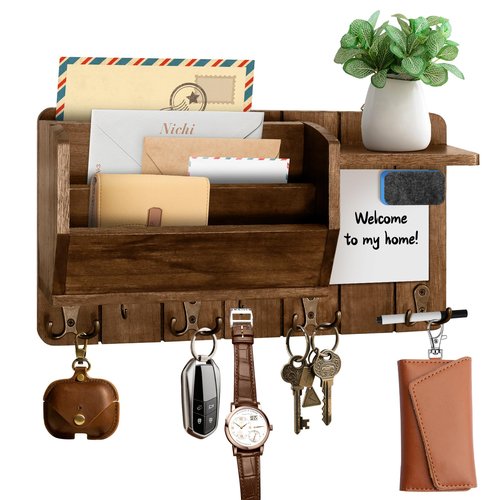 Wall Mounted Mail With message board and Holder Holder Wooden Key, With 4 Double Hook And a storage board, Key holder for wall, Country retro home decor, For living room and foyer storage（Wood brown）