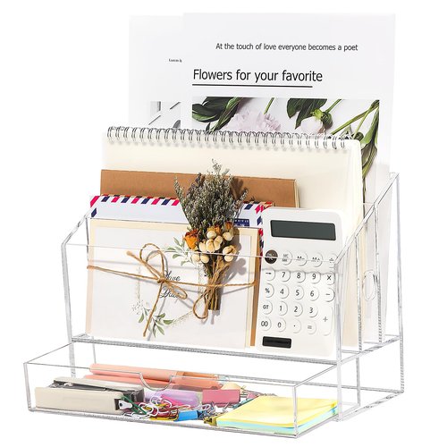 HOMEBROS Acrylic Desk Organizer, Clear Countertop File Organizer with Drawer, Office Mail Document Paper Sorter, 3 Compartments, Smalll