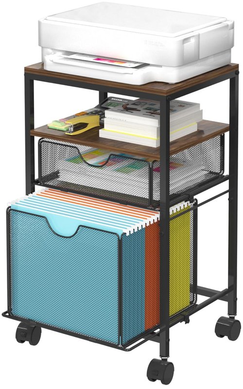 BOHDK Rolling File Cart with 2 Storage Drawers, Wood & Mesh Hanging File Folder Organizer with Wheels Under Desk, File Cabinets for Home Office, 14.7" L x 11.8" D x 25.3" H