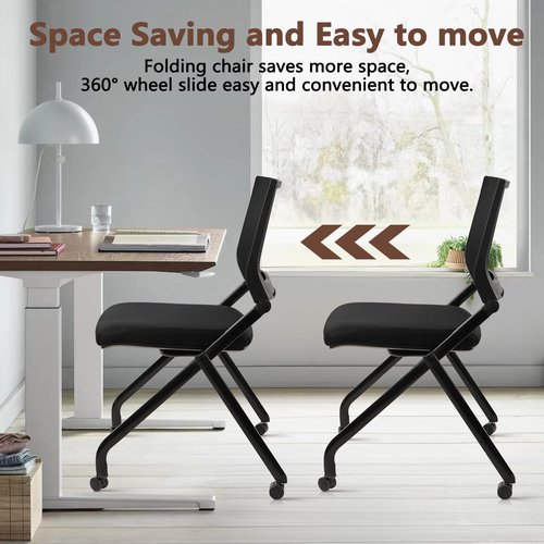 CLATINA Stackable & Foldable Chairs with Wheels, Reception Guest Chairs with Lumbar Support, Ergonomic Mesh Back Folding Chair for Office Meeting Schools Training Conference Waiting Room, Black