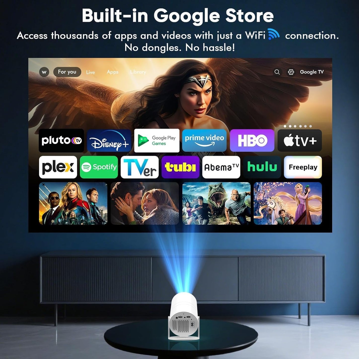 WISHOLY Mini Projector - 4K Portable Movie Projector with WiFi, Bluetooth & Built-in Streaming Apps | 180° Rotatable for Home Theater & Outdoor Use