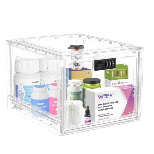HOLYHY Medicine Lock Box for Safe Medication Storage, Large Refrigerator Lockable Storage Box for Kitchen Food Safe, Phone Jail iPad Tablet Lock Boxes for Kids Home/Office (Clear)