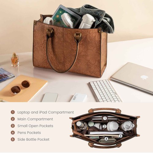 LOVEVOOK Laptop Tote Bag for Women, 15.6 Inch Large Capacity Vintage Leather Work Computer Bag, Business Casual Shoulder Handbag, Brown Embossed
