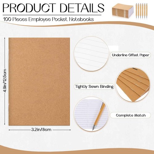 Kisston 100 Sets Mini Pocket Notebook with Pens Bulk Small Memo Notepad with Bamboo Pens Employee Appreciation Gifts for Employee Coworker Team Gifts
