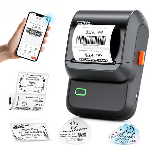Ponek Label Maker Machine with Tape, M100 Bluetooth Label Printer, Versatile App with 2000 Icons and 300 Templates, Address Label Maker for Small Business, Office, Home, Kids School Items, Black