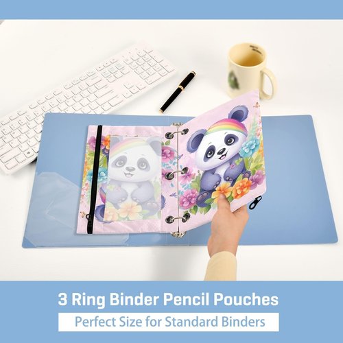 MUCEXQ Cute Panda Pencil Pouches for 3 Ring Binder,2 Pack 3 Ring Binder Pencil Case With Zipper Reinforced Grommets,Pencil Bags for Office Organizers