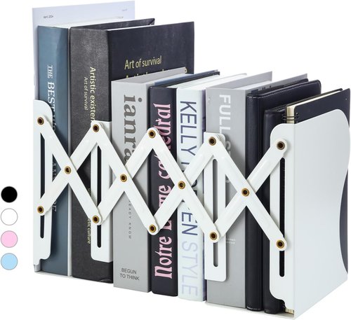 M&G Adjustable Bookends - Metal Bookends for Heavy Books | Extends Up to 20in - White Desk Organizer
