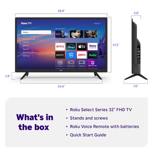 Roku Smart TV 2025 – 32-Inch Select Series, 1080p Full HD TV – Roku TV with Voice Remote – Flat Screen LED Television with Wi-Fi for Streaming Live Local News, Sports, Family Entertainment