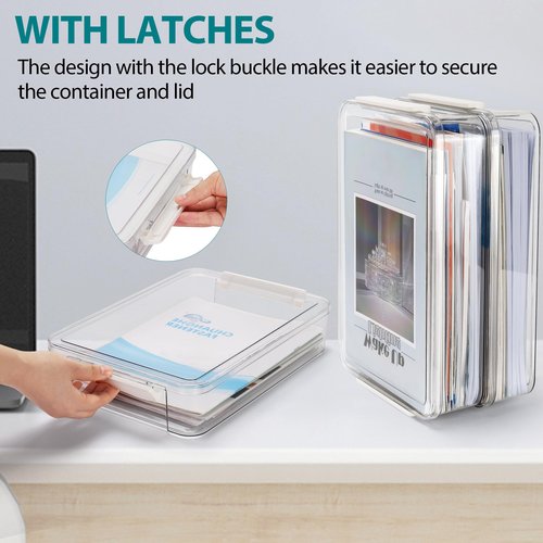 Flat Plastic Storage Bins with Latching Lids Document Organizer Portable Project Case Stackable Storage Boxes for A4 Letter Size Paper Office Supplies 2 Pack
