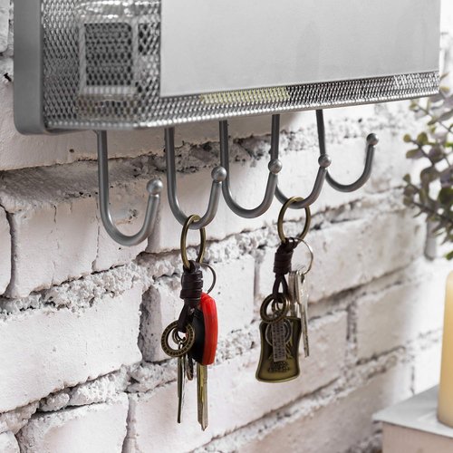 MyGift 16 x 12 Inch Wall Mounted Silver Tone Metal Office Organizer, Entryway Hanging 2 Slot Mail Sorter, Storage Bin Basket, Small Corkboard, and 5 Hook Key Holder