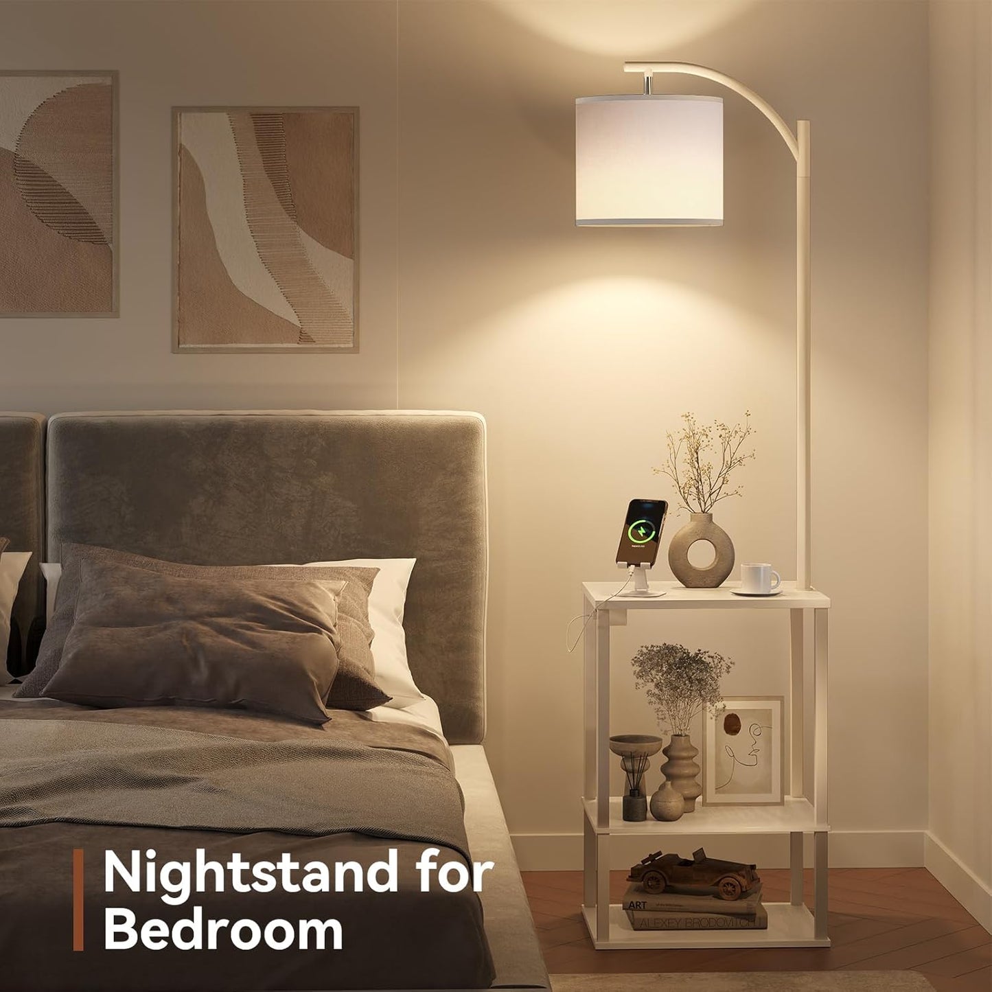 SUNMORY Floor Lamp with Table - Modern Nightstand & Charging Station | 3 Color Temperatures, USB & AC Ports