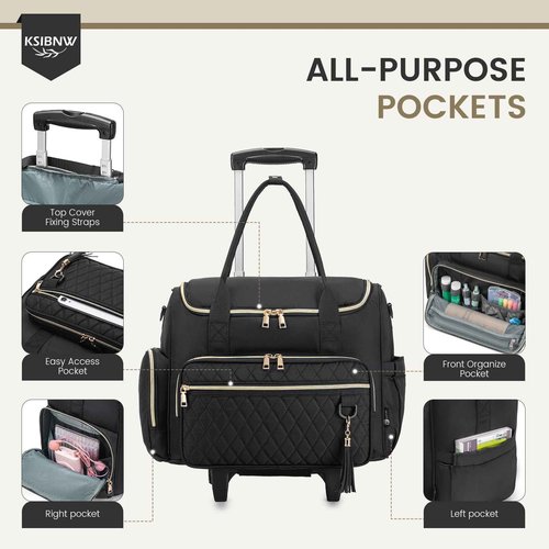 KSIBNW Rolling Laptop Bag for Women, Wheeled Teacher Tote Bag with Accordion Folder Waterproof Briefcases with 17 Inch Laptop Compartment and Detachable Dolly for Office, Work, Craft, Pink