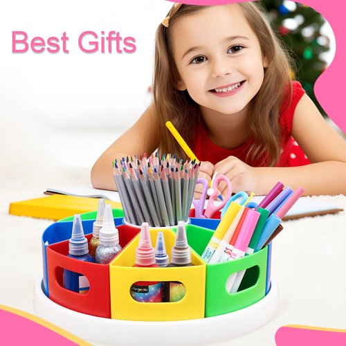 Tomkids Art Supply Organizer Classroom Organization and Storage Pen Holder Desk Organizer for Marker,Crayon,Homeschool Supplies 360° Spin Art Caddy with Removable Bins, Birthday Gift for Kids 12 Inch