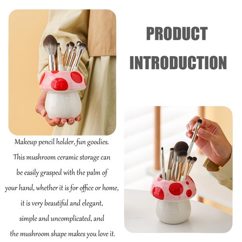 LOTIKOU Mushroom Ceramic Pencil Pen Holder Mushroom Ceramic Makeup Brush Holder for Desk Accessories Pencil Cup Plant Pot Office Home (Pink)