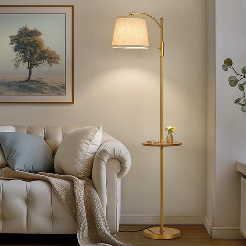 AIDENOEY Fully Dimmable Floor Lamp for Living Room，Standing Lamp Rotary Switch with Table&Linen Beige Shade，Golden Tall Lamps for Bedroom with Adjust Head，9W LED Bulb Included