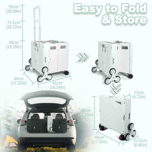 76L Folding Utility Cart Portable Rolling Crate Handcart Shopping Collapsible Tool Box with Stair Climbing Wheels,Hidden Lid,2 Rotate Wheels,for Grocery,Shopping,Office,Storage(Green White)