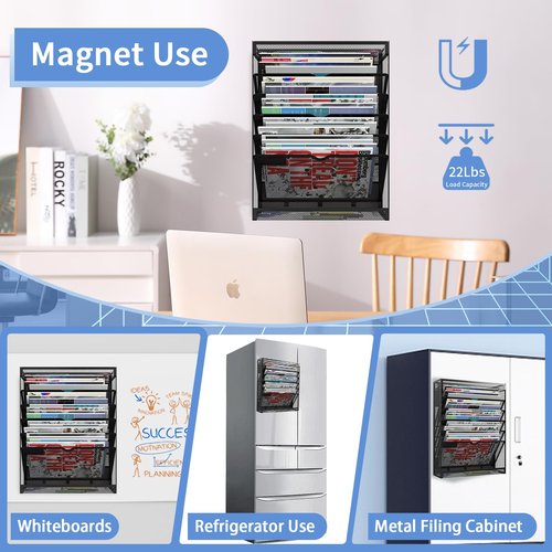 LQPAFZ 7 Tier Magnetic File Holder, No Drilling Wall File Organizer,Magnetic File Organizer Folder Holder, Hanging File Organizer, Vertical Holder Rack for File Cabinets Whiteboard refrigerator