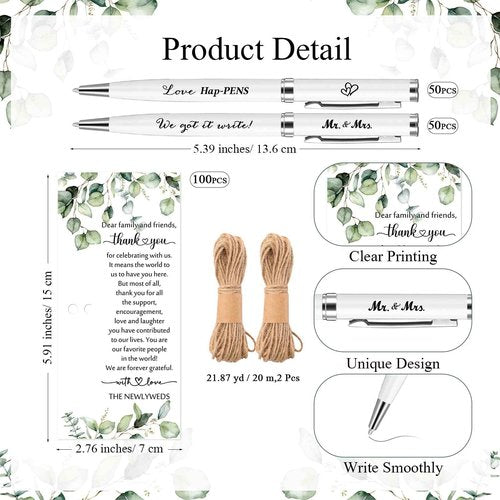 Affrolling 100 Sets Wedding Favors for Guests Bulk Retractable Ballpoint Pen Thank You Cards with Hemp Rope Bridal Shower Gift for Guest Wedding Souvenirs Newlyweds Party Supplies