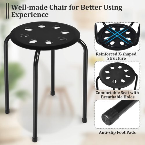 COSTWAY 6-Pack Round Plastic Stack Stools, 17.5-inch Height Backless School Classroom Decoration Stools with Metal Frame, Portable Stackable Chairs for Kids Children Students, Black