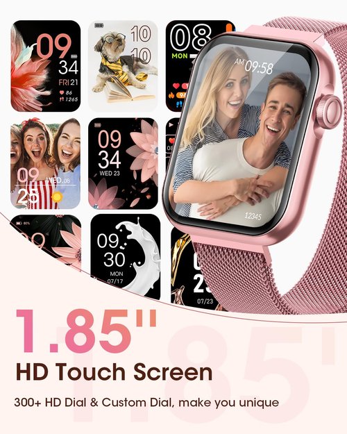 Smart Watches for Women, Health Fitness Watch for Android iPhone, Sleep/Heart Rate/SpO2/Blood Pressure Monitor, 1.85'' Smartwatch for Calls/SMS/Notifications, 100+ Sports Modes, 300+ Dials, 3 Bands