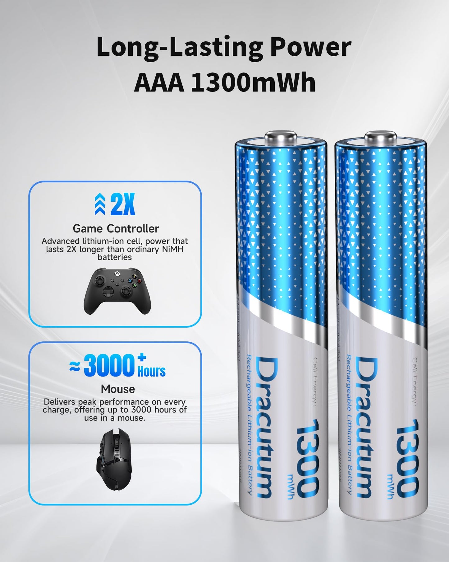 Dracutum Rechargeable AAA Batteries 8 Pack, 1300mWh High Capacity 1.5V Lithium Ion AAA Batteries, 2000+ Cycles Long Lasting for TV Remote Wireless Mouse Keyboard Toys