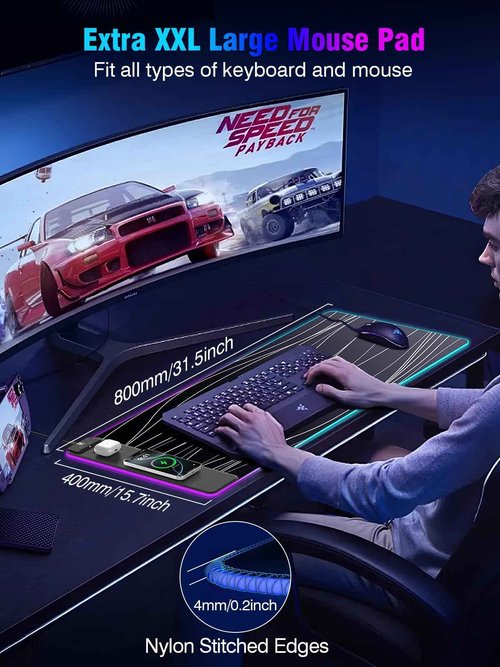 Mouse Pad with Magnetic Wireless Charging, Large Desk Pad Protector, RGB Black Mousepad Desk Mat with 15W Fast Charger, 4mm Thick Non-Slip, Waterproof Laptop Writing Pad for Office, Home, Gaming
