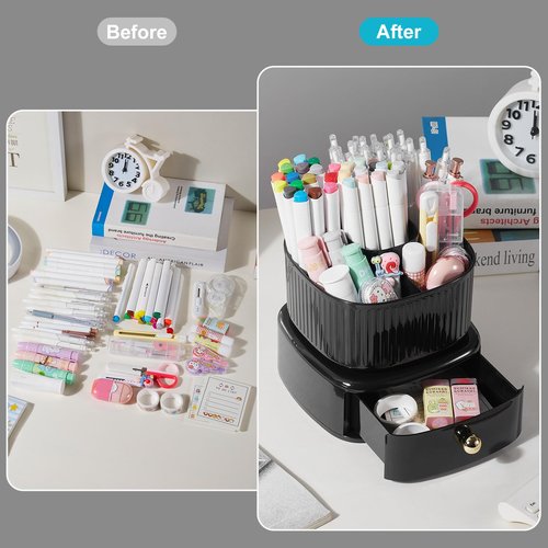 Lolocor Desk Pencil Pen Holder with Drawer, 5 Slots 360 Degree Rotating Pencil Pen Organizers Desk Organizers for Office Accessories Shool Supply Black