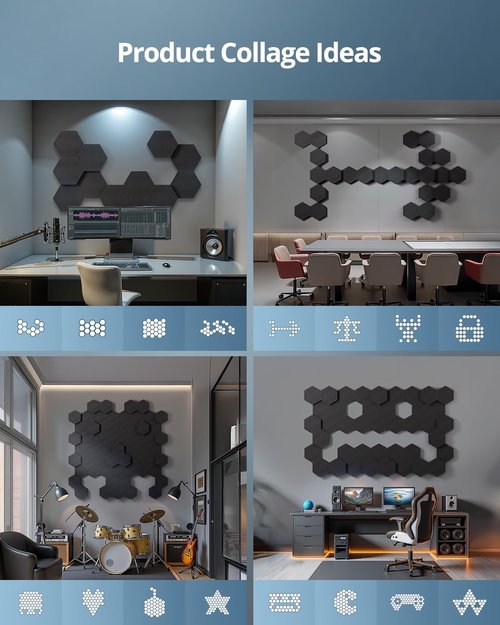 Acoustic Foam Panels for Walls, 1.57" & 2.75" Dual Thickness, 12 Pack, Hexagon Sound Absorbing Panels for Studio, Podcast, Recording Room, Office, Bedroom, Gaming Room, 10"L x 12"W, Black