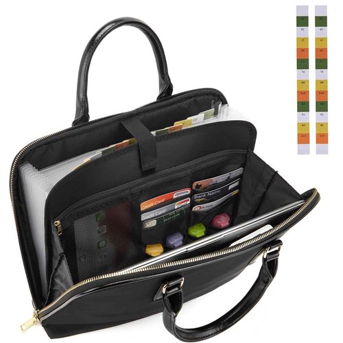 Accordian File Organizer Tote,Folder with Zipper & Labels,12 Pocket Expanding File Folder， Paper Folder for Letter A4 Files Business Teacher Office Bag (Black)