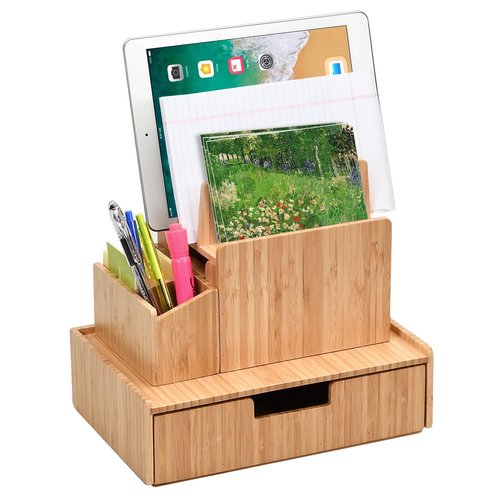 MobileVision Bamboo Office Organizer Complete Set INCLUDES: Charging Station, Pencil & Pen Holder w/Tray for Notepads, Drawer for Office Supplies & Stationary