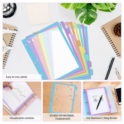 16Pcs/2 Set 8 Tab Dividers, Clear Plastic Binder Dividers with Tabs, for 3 Ring Binder, Letter Size, Multicolor