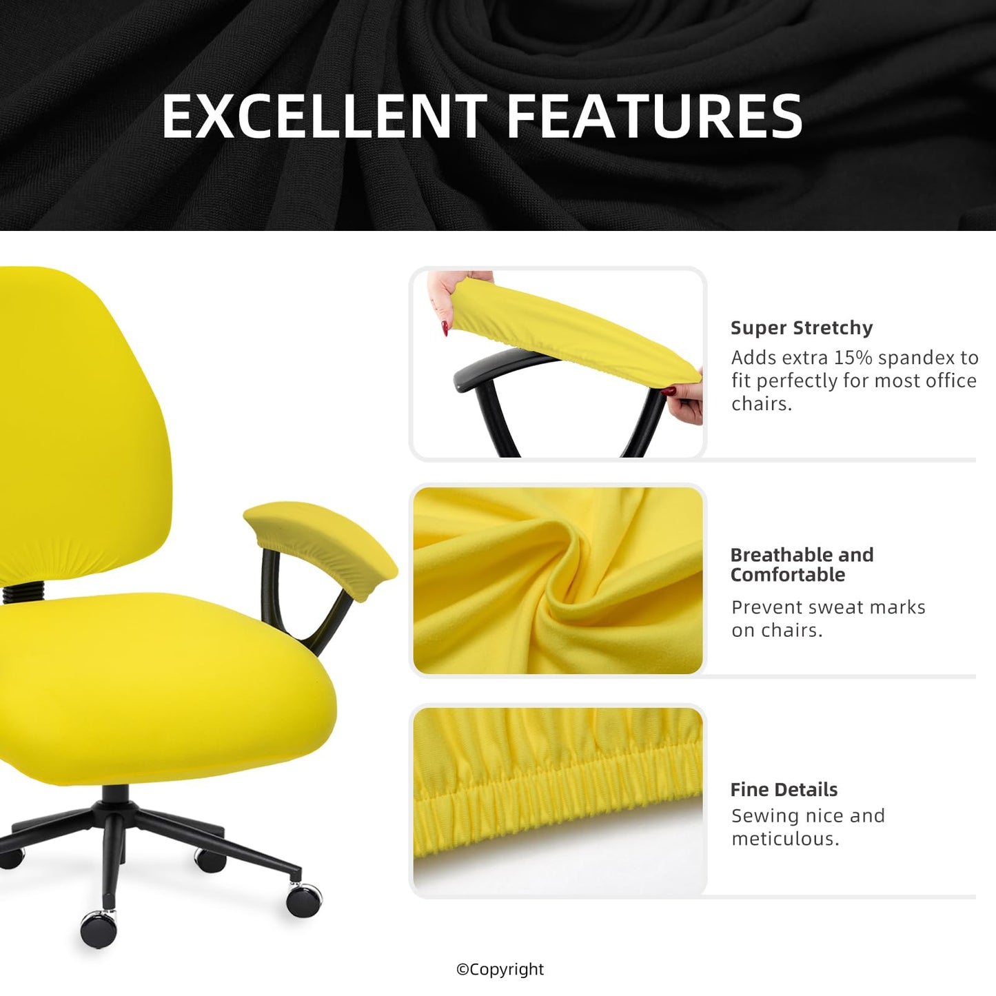 Stretchable Split Office Chair Seat Covers - Universal Stretch Computer Chair Slipcover - Washable Rotating Backrest Coverings & Cushion Protectors & Armrest Covers for Dogs, Cats, Pets, Yellow