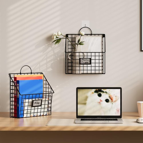 Yuzehuaza Hanging Wall File Organizer Metal Wall Mounted File Holder Folder with Handles and Hooks, Magazine Document Rack, for Home Office or Decor, 3 Packs (Patent Pending)