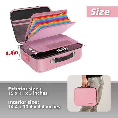Fireproof Document Box Hard Case With Lock, Multi-Layer Fire Proof Water Resistant Safe Box File Organizer Bag With Small Money Bag for Important Documents Passport Certificates Laptop (Pink)
