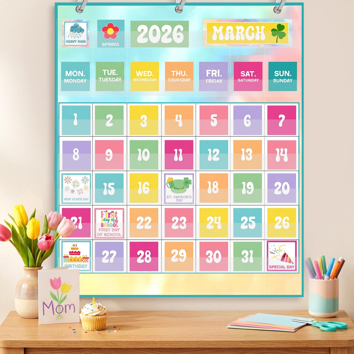 Tinlade Classroom Calendar Pocket Chart Set with 115 Cards 24 x 28 Inch Rainbow Pastel Calendar Bulletin Board Pocket 2026-2033 Festival Weather Teacher Supplies for Back to School Wall Decoration