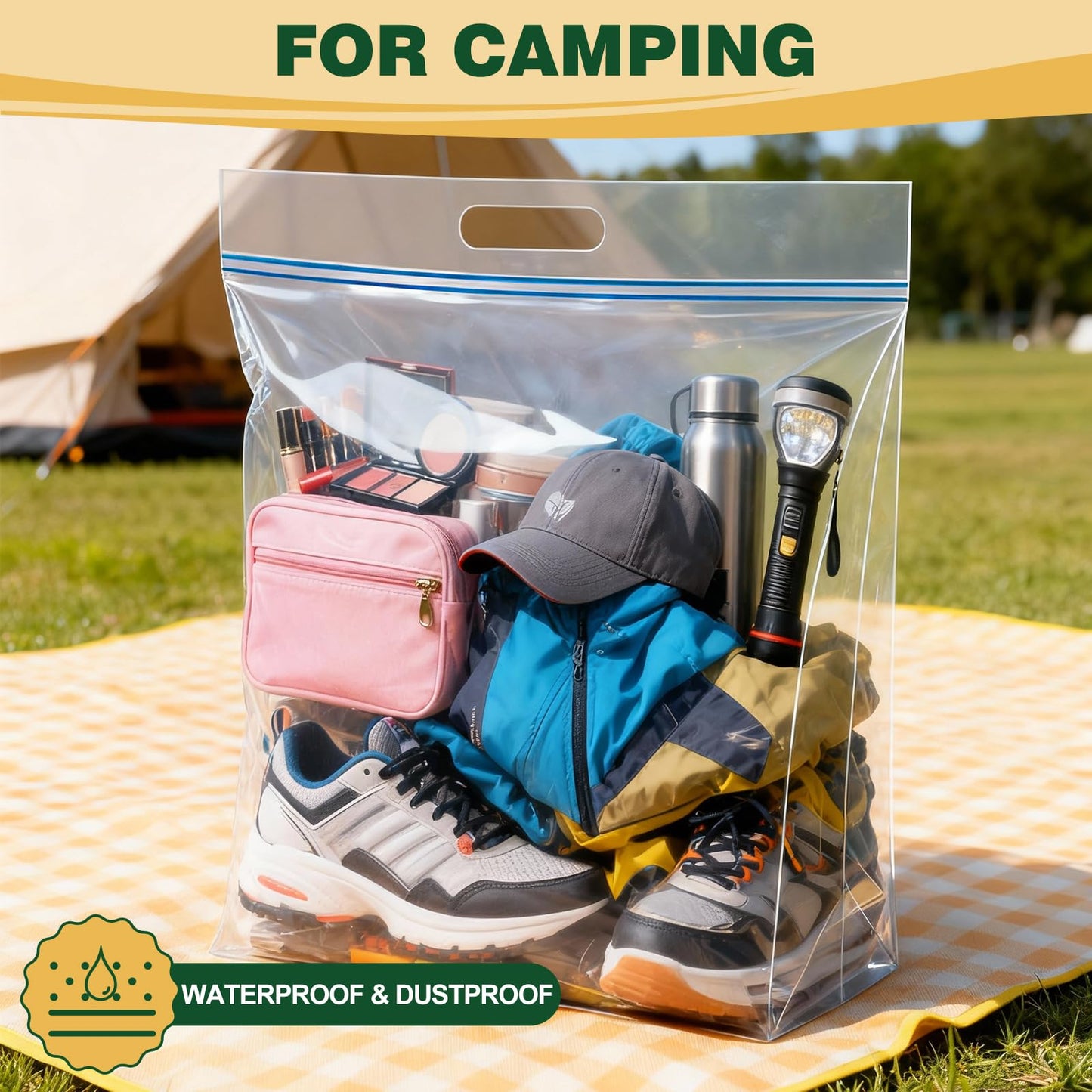 TUXIYA 5 PACK Extra Large Storage Bags, 10 Gallon 24"x20"x7", Resealable Clear Bags with Handle, XL Heavy Duty for Clothes Travel Moving, Double Zipper Seal, Expandable Bottom, Thick 8 Mils