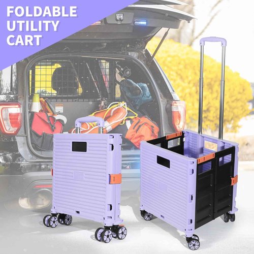 Rolling Crate Utility Cart Collapsible Tote Basket Teacher Cart with Lid Wear-Resistant Noiseless 360°Rotate Wheel Telescoping Handle for Trave Moving Luggage Use(Purple,110lbs)