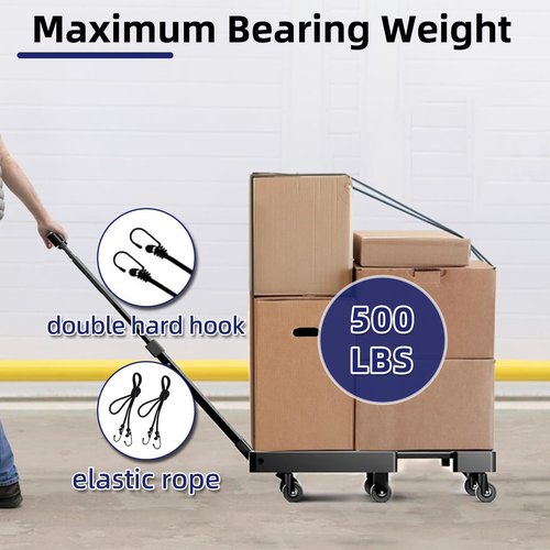 Folding Hand Truck, 500LB Heavy Duty Collapsible Dolly Cart,Folding Luggage Cart, Lightweight Hand Truck Dolly with 6 Wheels & 2 Elastic Ropes, Ideal for Luggage, Travel, Moving, Shopping, Office